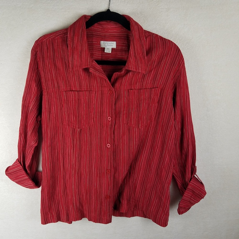 Christopher &‎ Banks Button Down Women M Red Excellent Striped Cotton Roll Tab